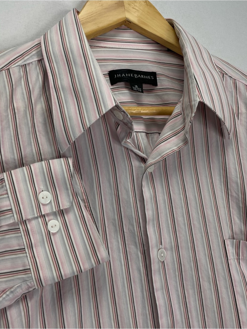 Jhane Barnes Mens 16 32/33 White Pink Striped Long Sleeve Button Down Shirt